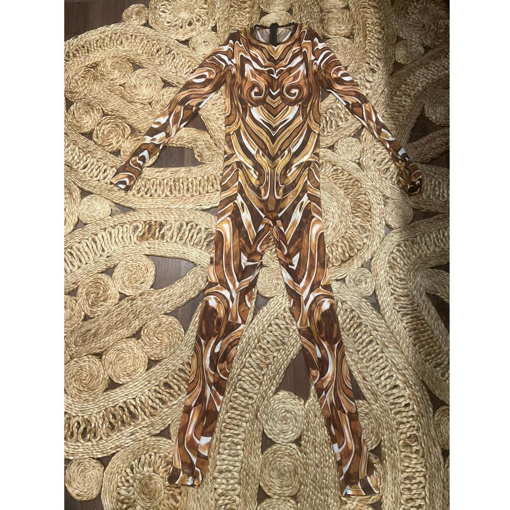 Candy Catz Mecha Vortex Gold Mesh Catsuit Bodysuit Y2K Cyber Rave S - Picture 2 of 5